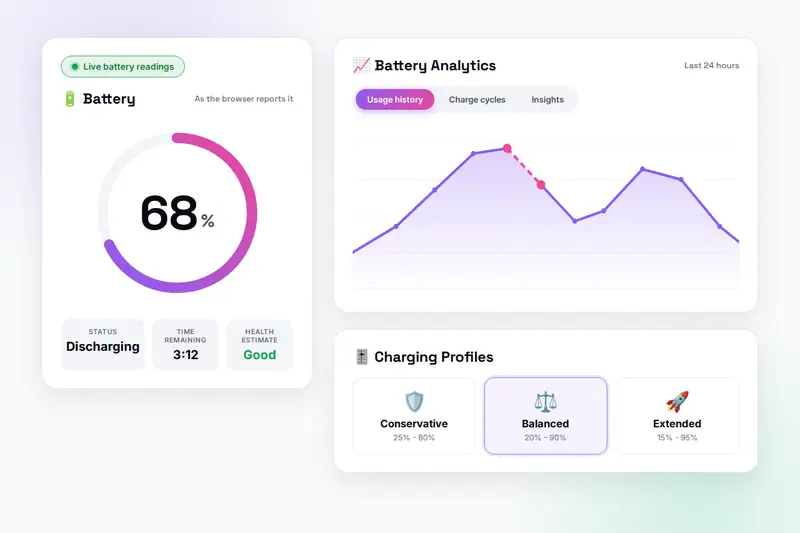 A battery dashboard with a ring at 68% and the readings Discharging, 3:12 remaining and Good health on the left, and on the right a usage chart with a dashed gap and the three charging profiles Conservative, Balanced and Extended