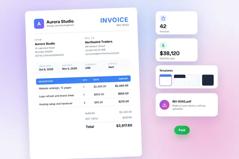 An invoice with a logo, item table and GST line beside template choices and a PDF download