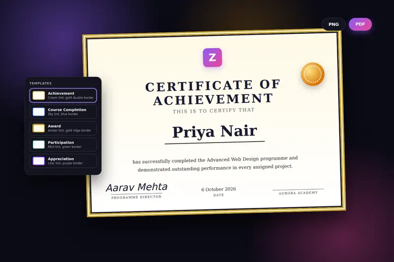 A certificate of achievement with a gold double border beside the template list and the PNG and PDF buttons