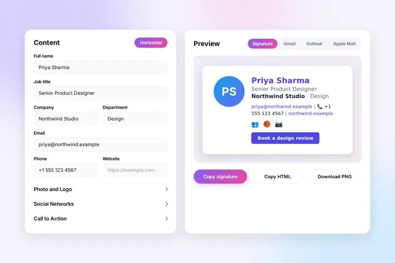An email signature editor with name and contact fields on the left and, on the right, a preview of a finished signature with a round photo, a blue name, contact details, social symbols and a button