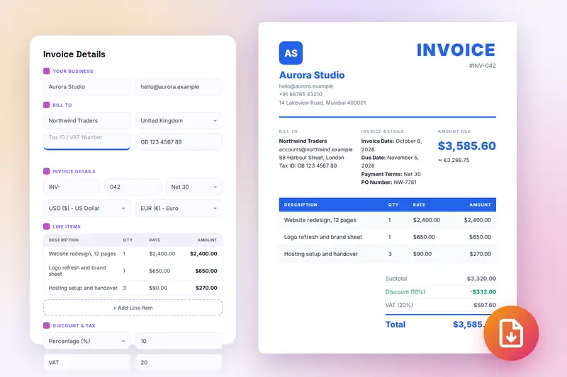 An invoice form with line items, a discount and VAT beside the finished invoice with a logo, a second currency and a PDF download