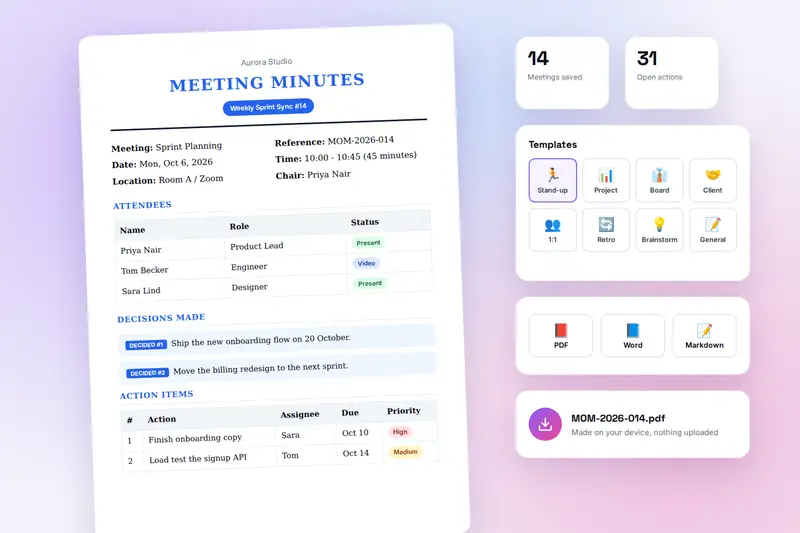 Meeting minutes with an attendee table, decisions and action items beside template choices and a PDF download