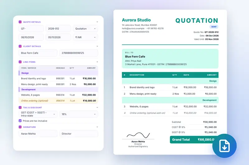 A quotation editor with sections and a GST split beside the finished quotation with a signature and a PDF button
