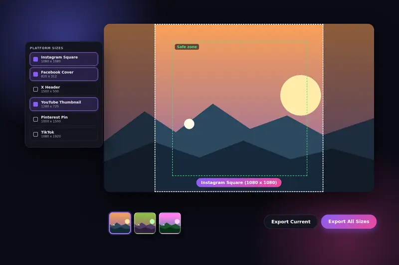 A photo in the preview with the safe-zone frame for an Instagram square beside the list of platform sizes and the export buttons