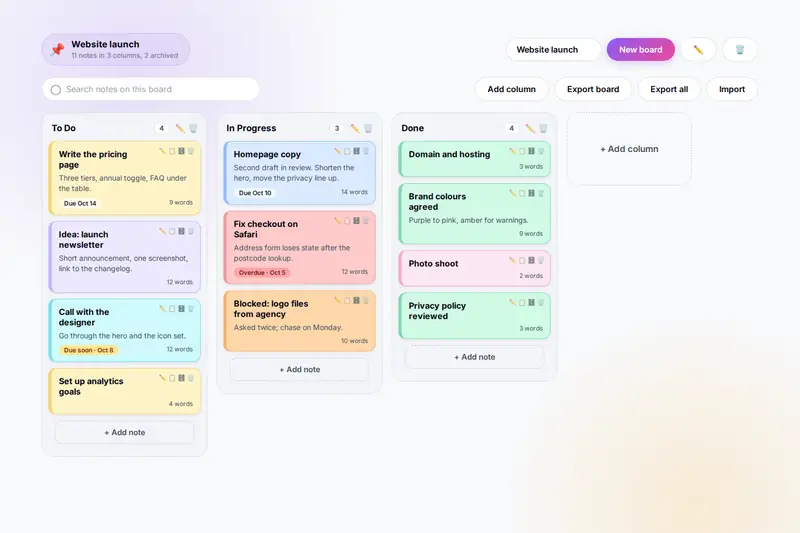 A kanban board named Website launch with To Do, In Progress and Done columns holding colour-coded sticky notes, some with due-soon and overdue marks, and an add-column slot at the end