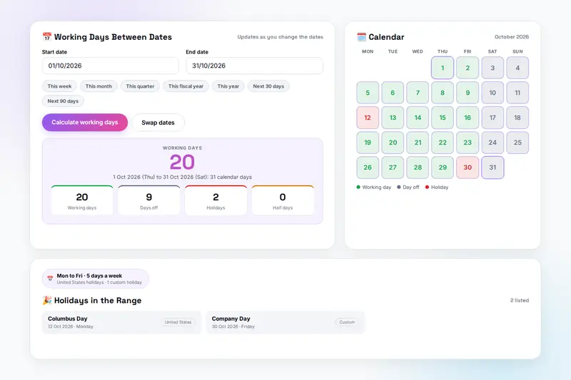 The Days between card with 1 to 31 October 2026 giving 20 working days, 9 days off, 2 holidays and 0 half days, a calendar colouring every day of the month, and the two holidays in the range, Columbus Day and a custom Company Day
