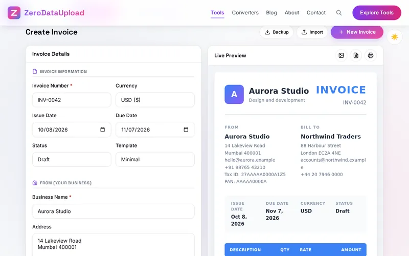 Bill Generator open in the browser, showing the invoice form beside the live preview