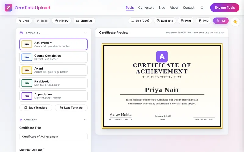 CertificateMaker open in the browser, showing the editor beside the live preview of a certificate of achievement