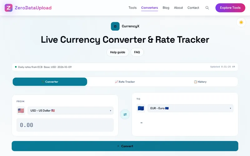CurrencyX open in the browser, showing its main screen