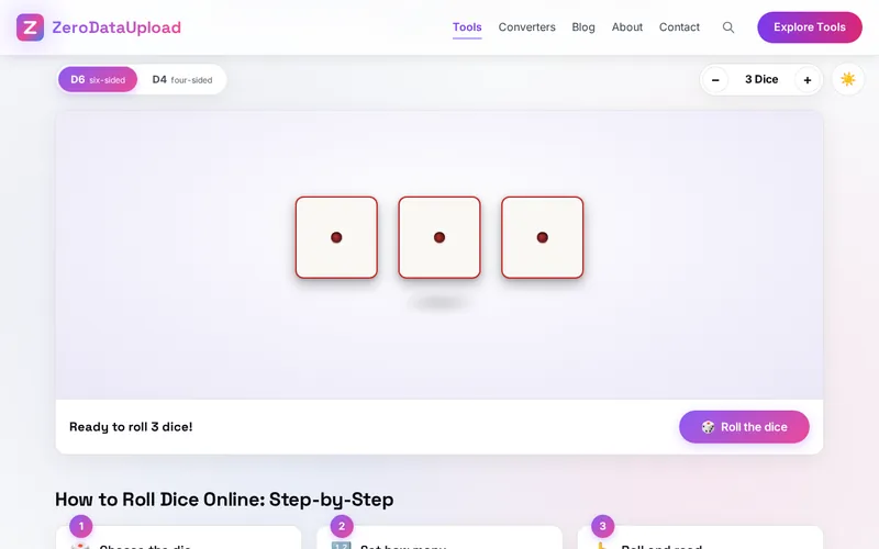 Multi Dice Roller open in the browser, showing its main screen