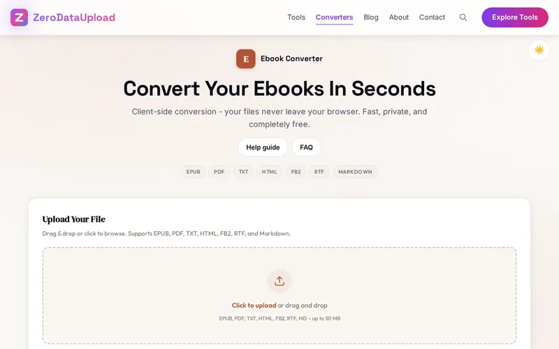 Ebook Converter open in the browser, showing its main screen