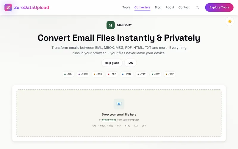MailShift open in the browser, showing its main screen