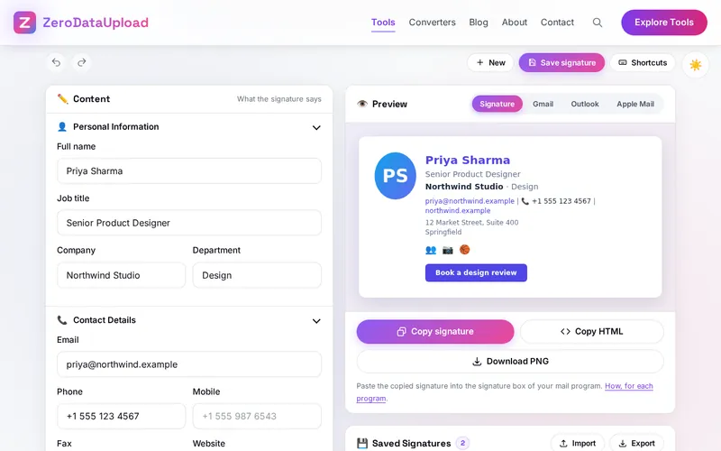 EmailSignature open in the browser, showing the Content card with a sample person's details on the left and the finished signature in the preview on the right