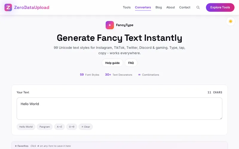 Fancy Text Generator open in the browser, showing its main screen