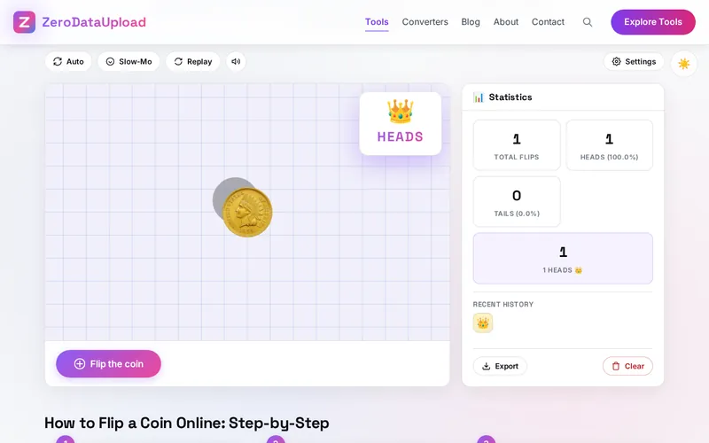 Flip the Coin open in the browser, showing its main screen