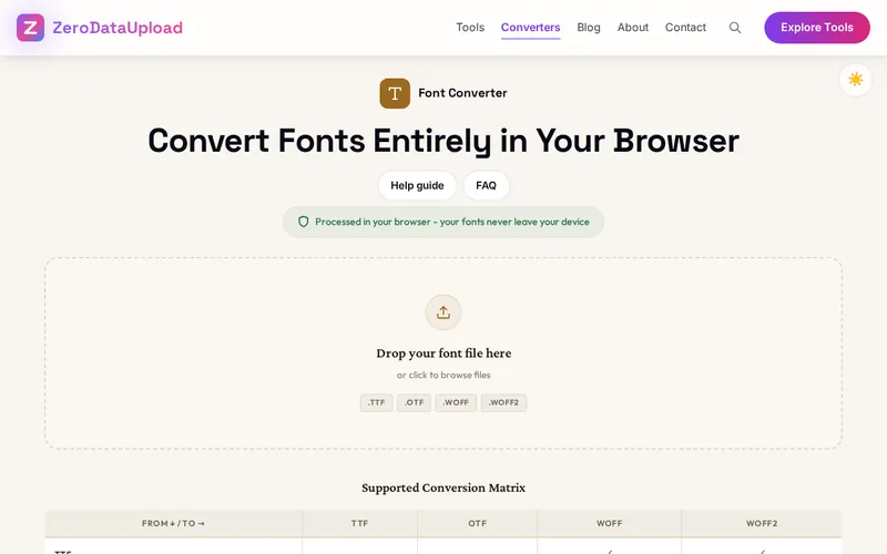 Font Converter open in the browser, showing its main screen