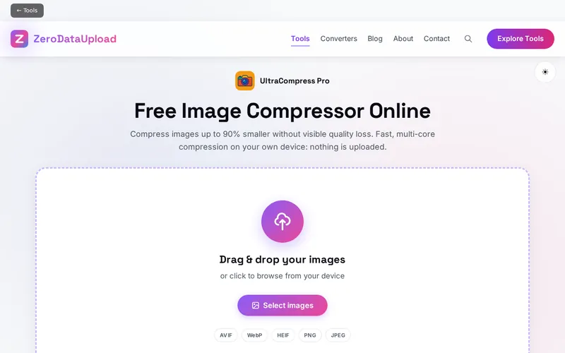 UltraCompress Pro open in the browser, showing the upload zone for images