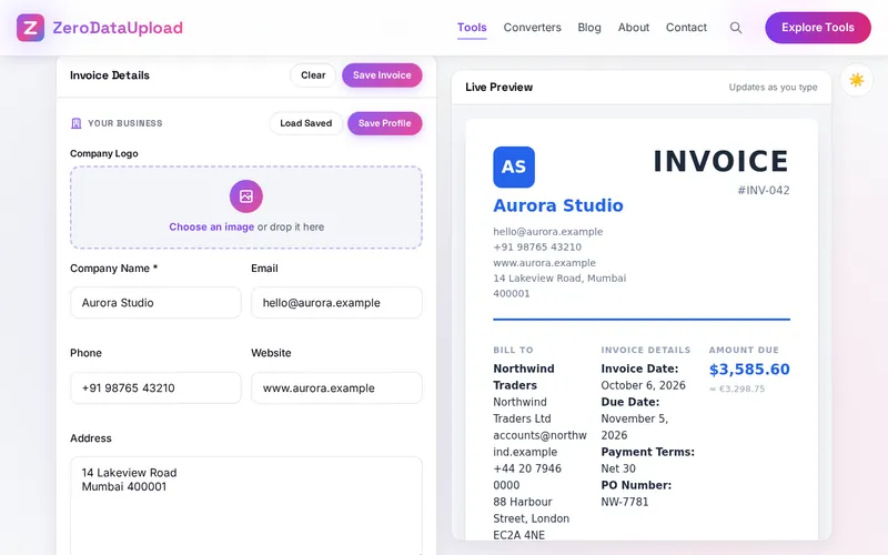 InvoiceForge open in the browser, showing the invoice form beside the live preview