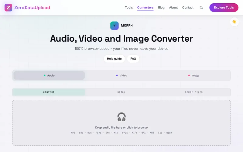 MORPH Media Converter open in the browser, showing its main screen