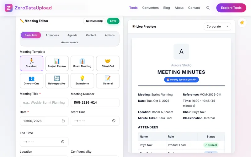 MINUBOT open in the browser, showing the meeting editor beside the live preview of the minutes