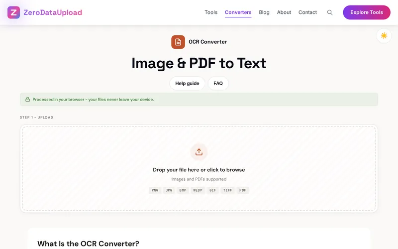 OCR Converter open in the browser, showing its main screen