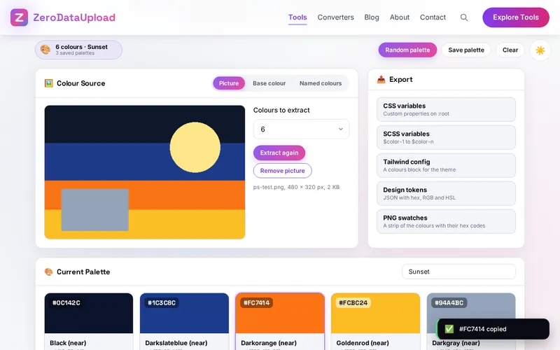 PaletteSnape open in the browser, showing a picture with its six extracted colours as cards, the export list and the shades of a clicked colour