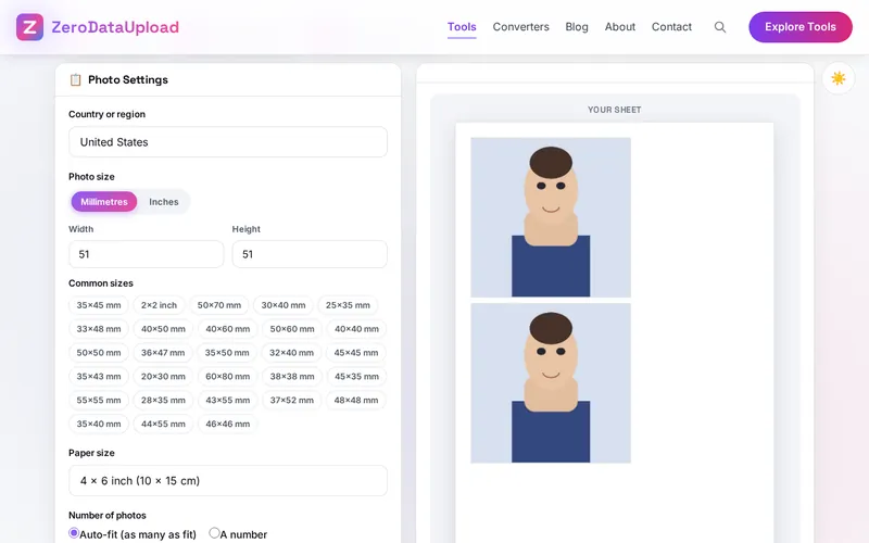 Passport Photo Maker open in the browser, showing its main screen