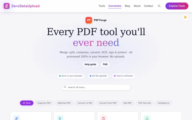 PDF Forge open in the browser, showing its main screen