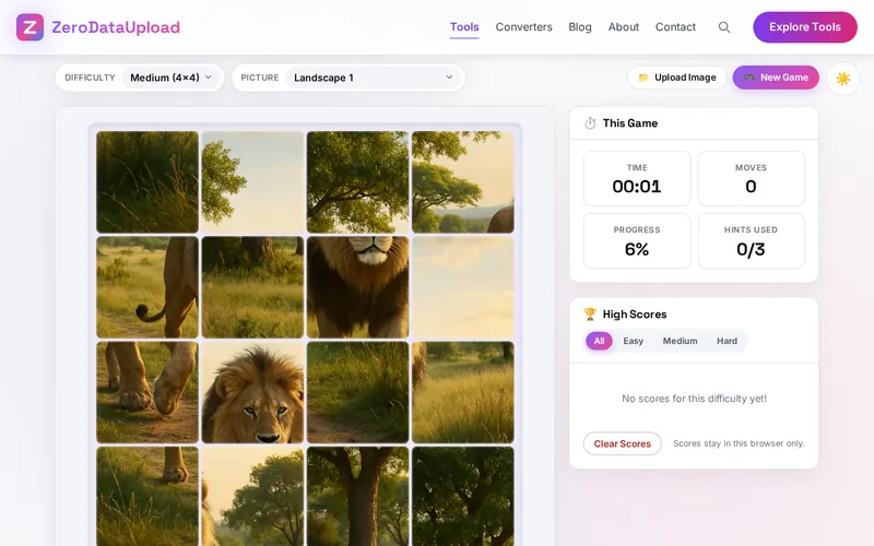 Picture Puzzle open in the browser, showing its main screen