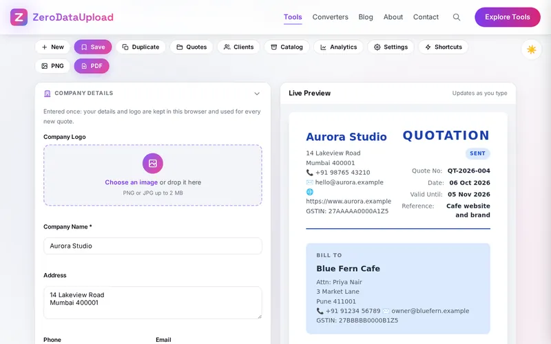 QUOTIFY open in the browser, showing the editor beside the live preview of a quotation