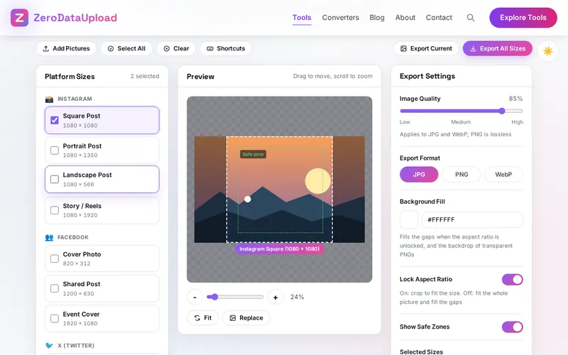 SocialSizer open in the browser, showing a photo in the preview with the safe-zone frame, the platform sizes and the export settings