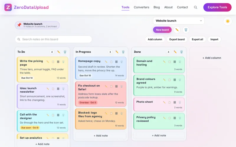 StickyBoard open in the browser, showing the toolbar with the board list, the search and board tools, and three columns of colour-coded sticky notes