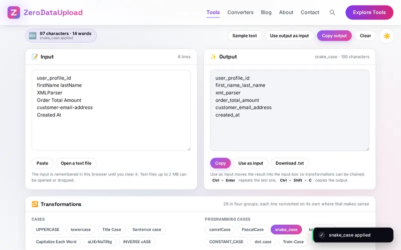 TextTransform open in the browser, showing the input and output boxes with a transformation applied and the four groups of transformation buttons