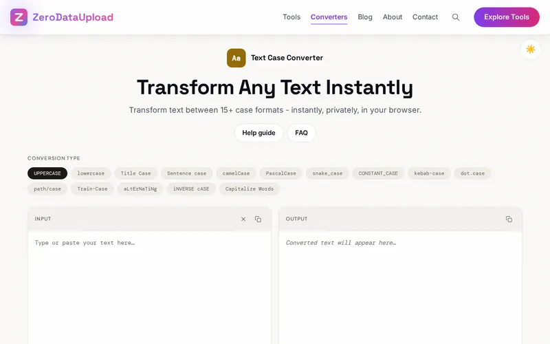 Text Case Converter open in the browser, showing its main screen