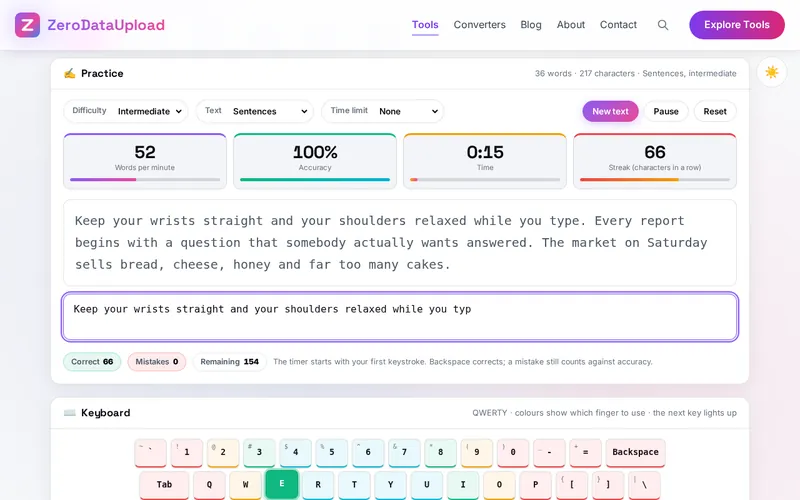 TypeMaster Pro open in the browser, showing the Practice tab with a sentence being typed, the live tiles and the virtual keyboard with finger colours