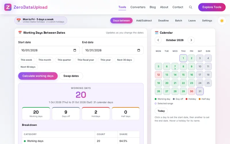 WORKDAYS open in the browser, showing the Days between card with its result and tiles, the coloured calendar and the holidays in the range